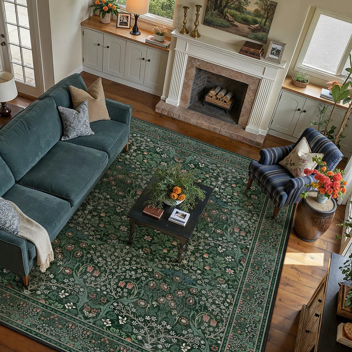 Machine Washable Floral Area Rug With Non-Slip Backing
