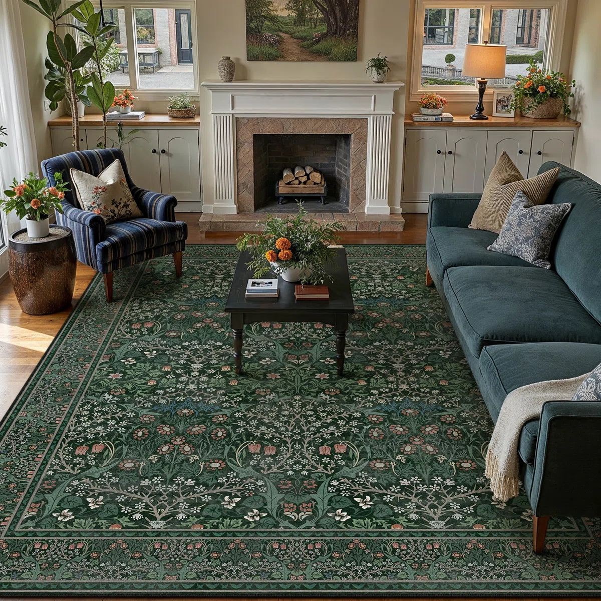 Machine Washable Floral Area Rug With Non-Slip Backing