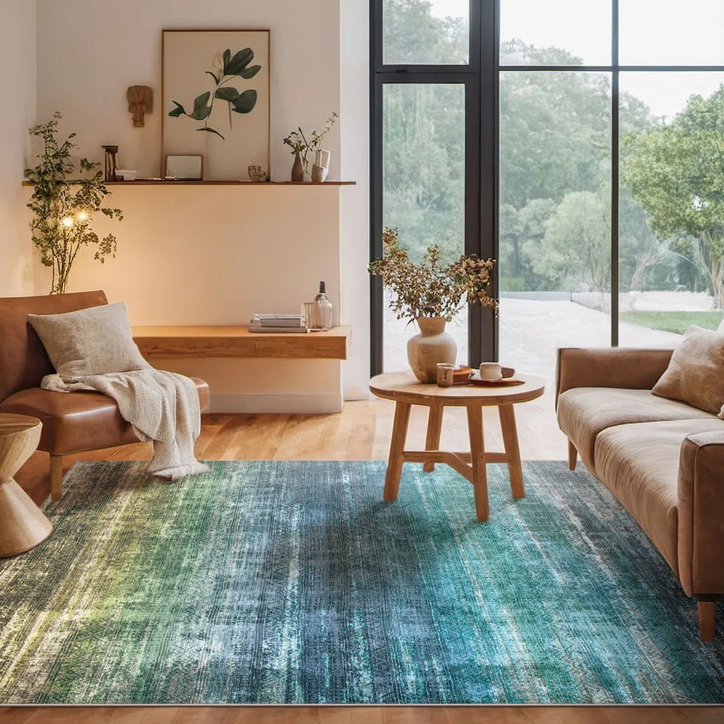 Leyat Washable Abstract Rug Ombre Distressed Non Slip Stain Resistant Low Pile Indoor Carpet